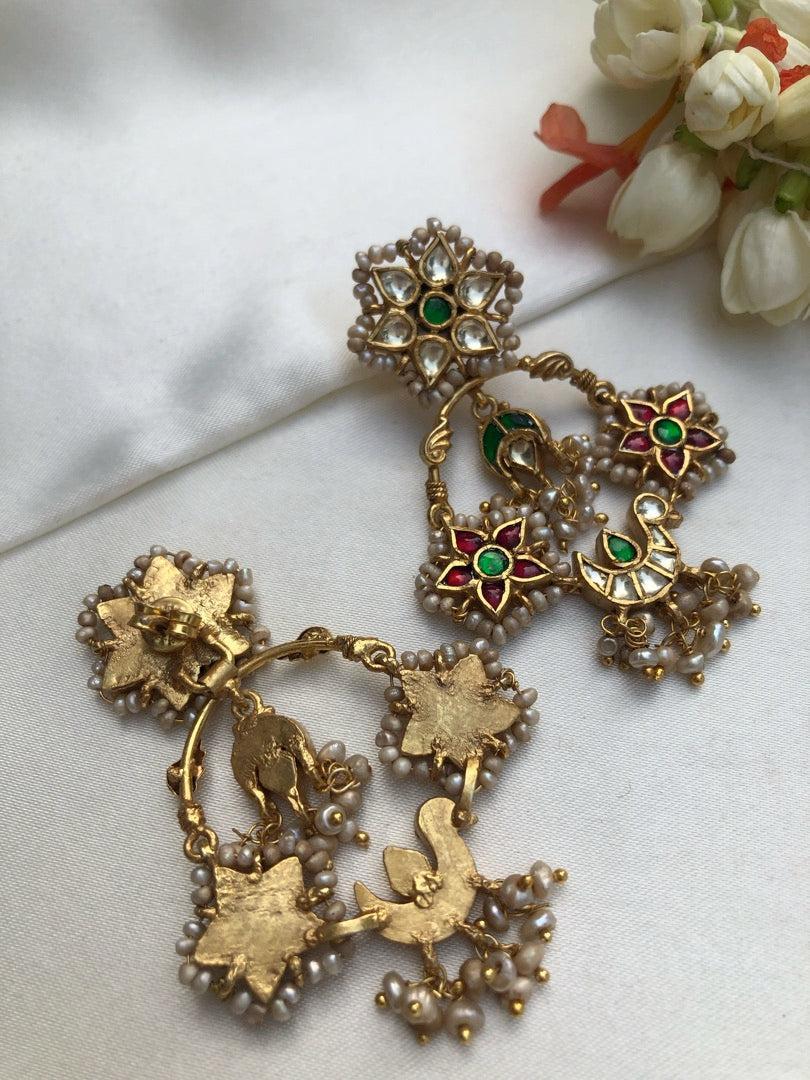 Kundan ruby, green with pearls & kundan earrings-Earrings-PL-House of Taamara
