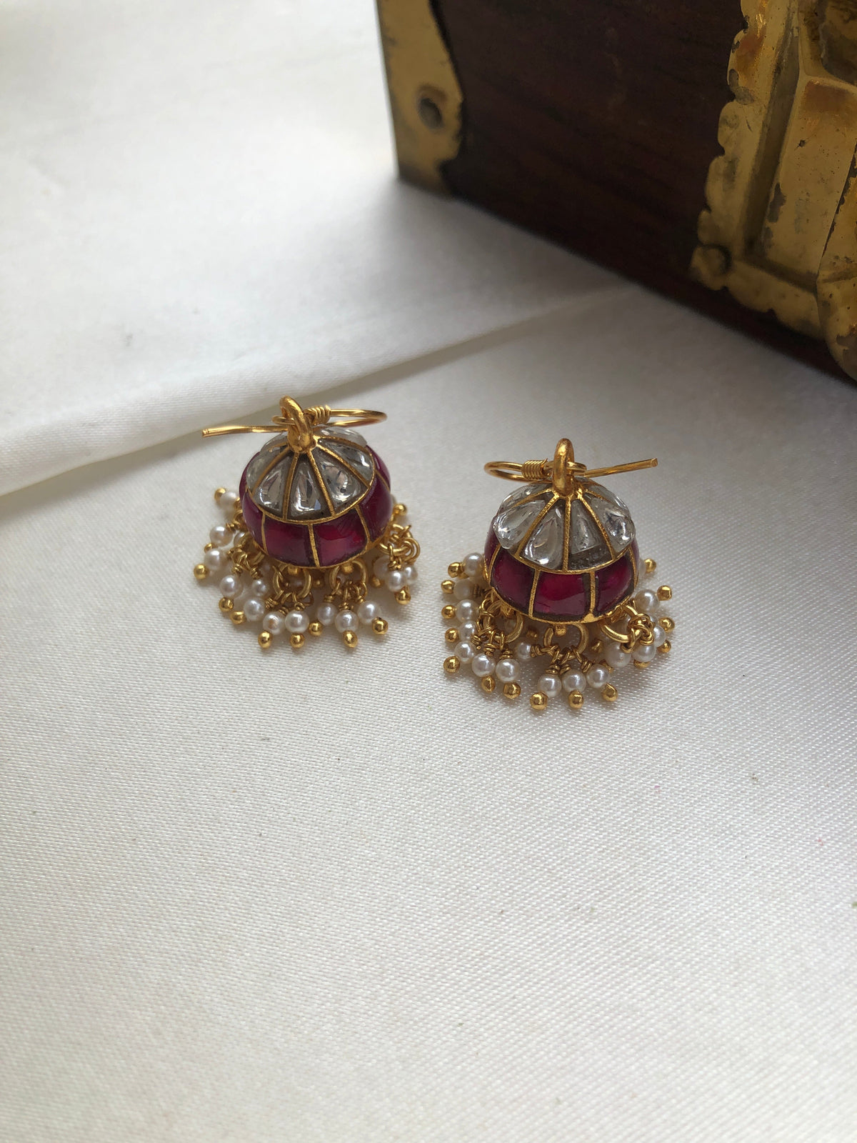 Kundan & ruby jhumkas with pearls bunch-Earrings-PL-House of Taamara