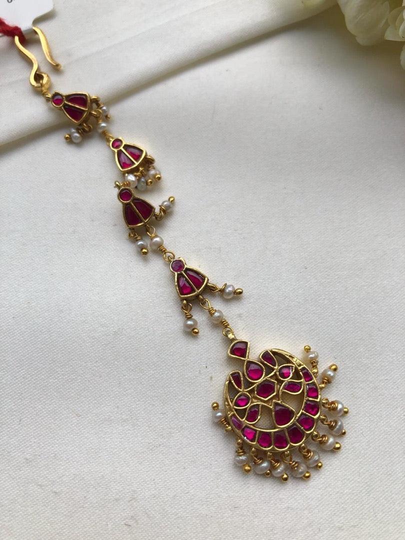 Kundan ruby maang tikka-Silver Neckpiece-PL-House of Taamara