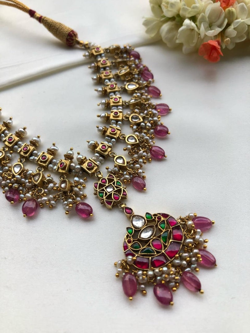 Kundan ruby necklace vintage style-Silver Neckpiece-PL-House of Taamara