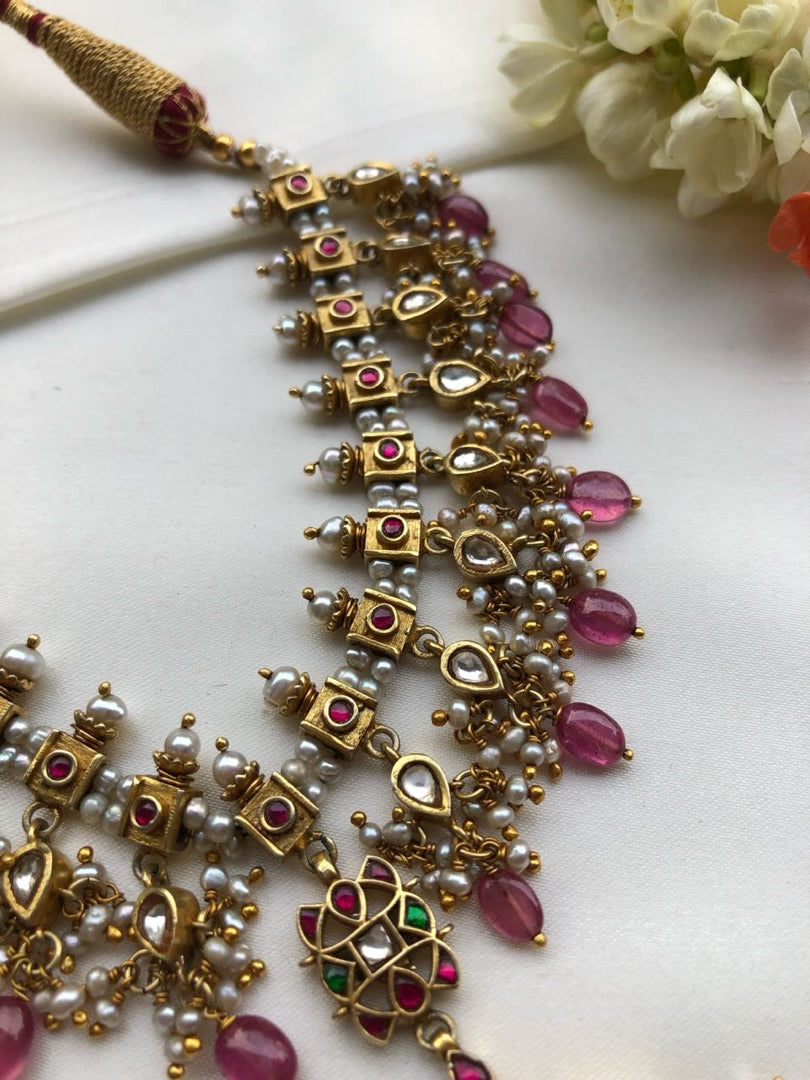 Kundan ruby necklace vintage style-Silver Neckpiece-PL-House of Taamara