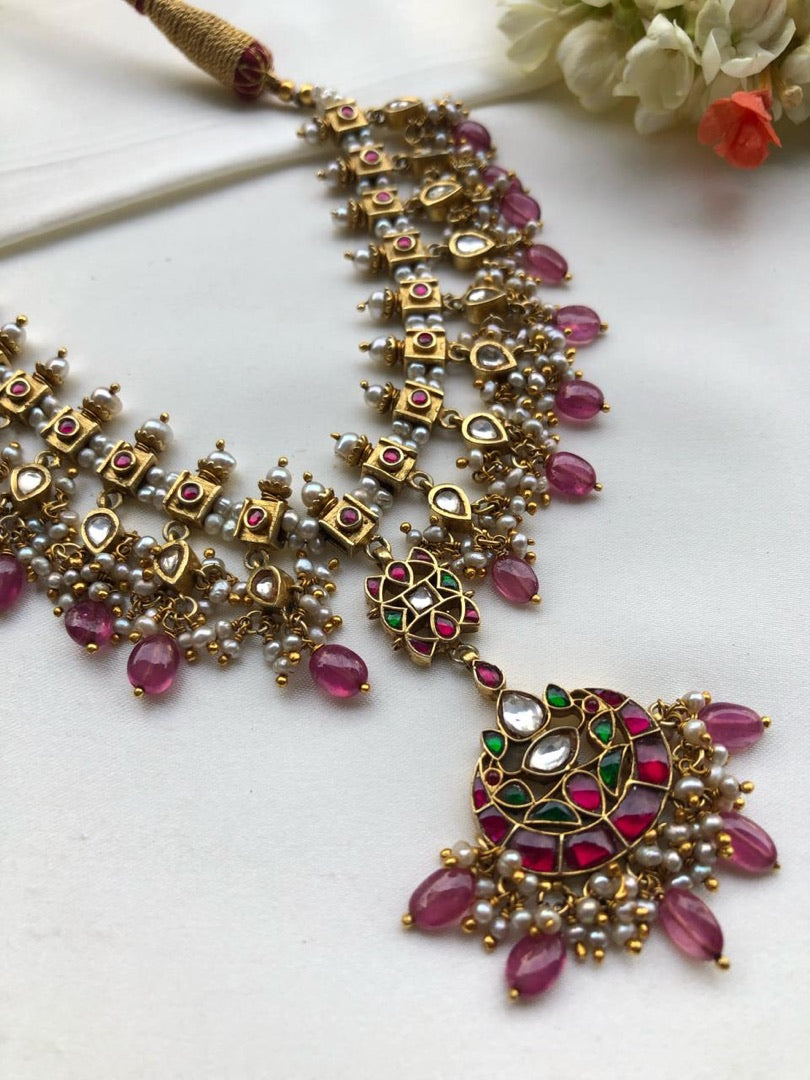 Kundan ruby necklace vintage style-Silver Neckpiece-PL-House of Taamara