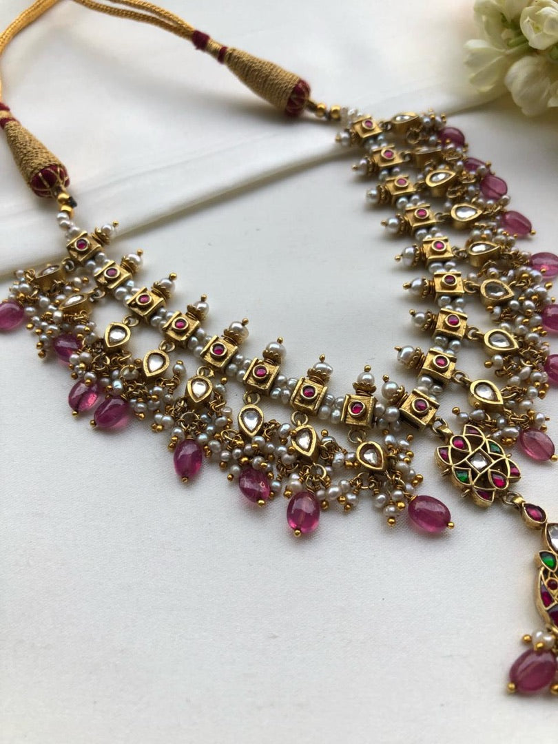 Kundan ruby necklace vintage style-Silver Neckpiece-PL-House of Taamara