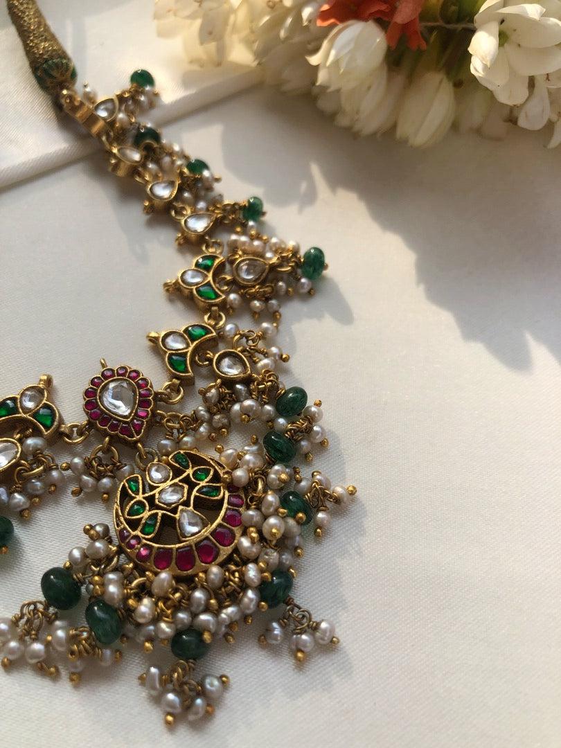 Kundan ruby necklace with green beads maata patti necklace-Silver Neckpiece-PL-House of Taamara