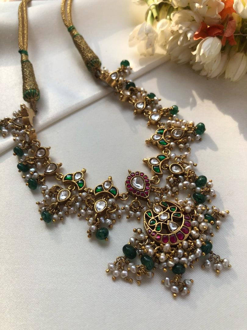 Kundan ruby necklace with green beads maata patti necklace-Silver Neckpiece-PL-House of Taamara