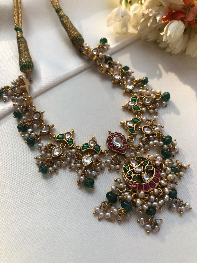 Kundan ruby necklace with green beads maata patti necklace-Silver Neckpiece-PL-House of Taamara