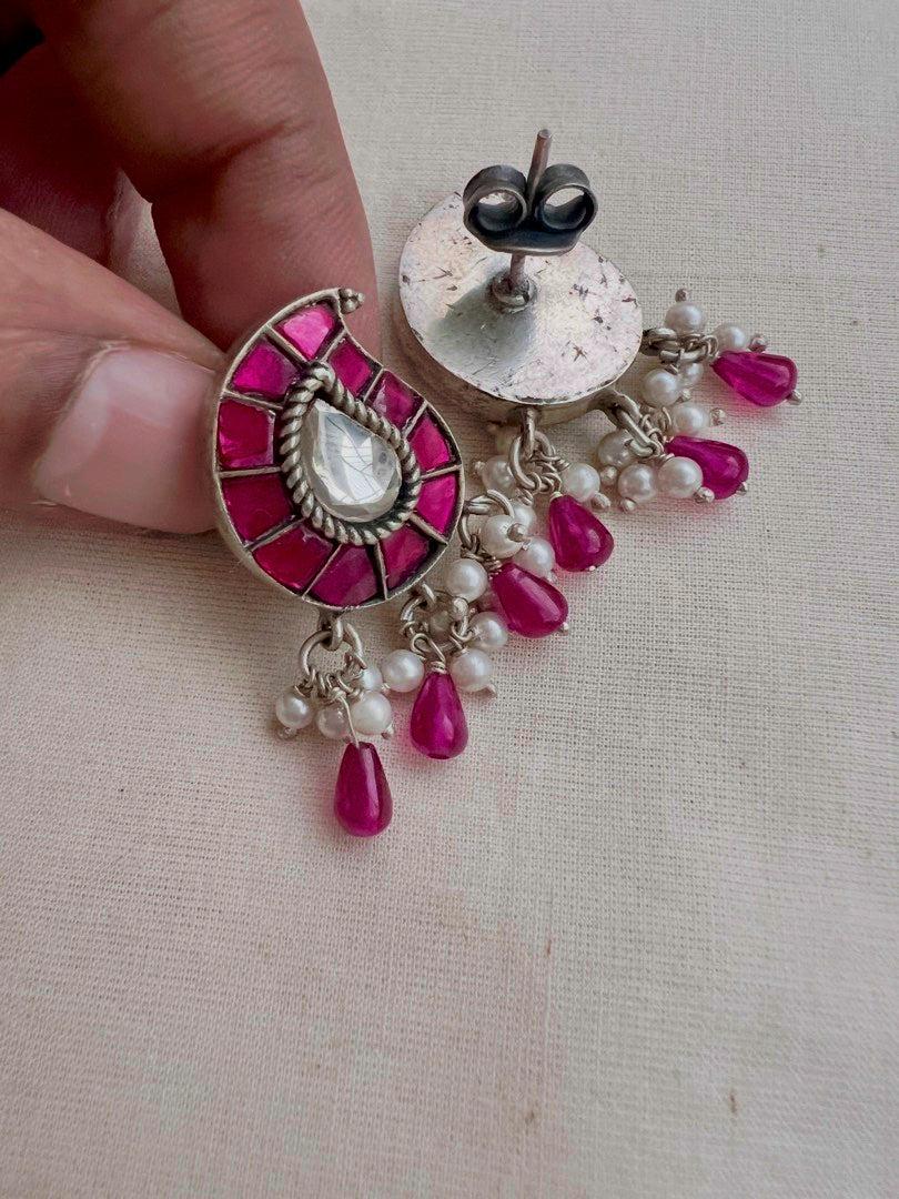 Kundan & ruby paisley studs with pearls-Earrings-CI-House of Taamara
