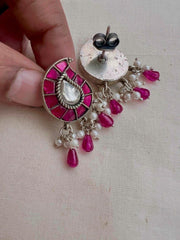 Kundan & ruby paisley studs with pearls-Earrings-CI-House of Taamara