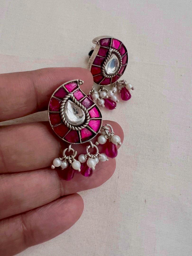 Kundan & ruby paisley studs with pearls-Earrings-CI-House of Taamara