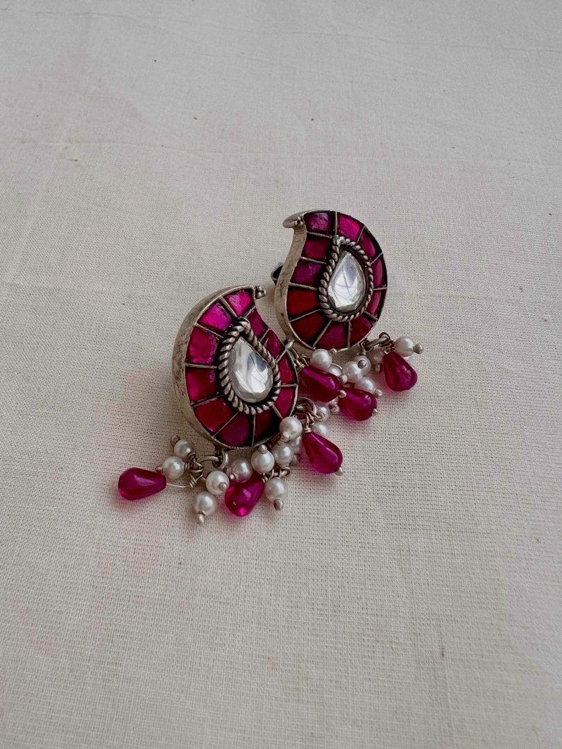 Kundan & ruby paisley studs with pearls-Earrings-CI-House of Taamara