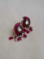 Kundan & ruby paisley studs with pearls-Earrings-CI-House of Taamara