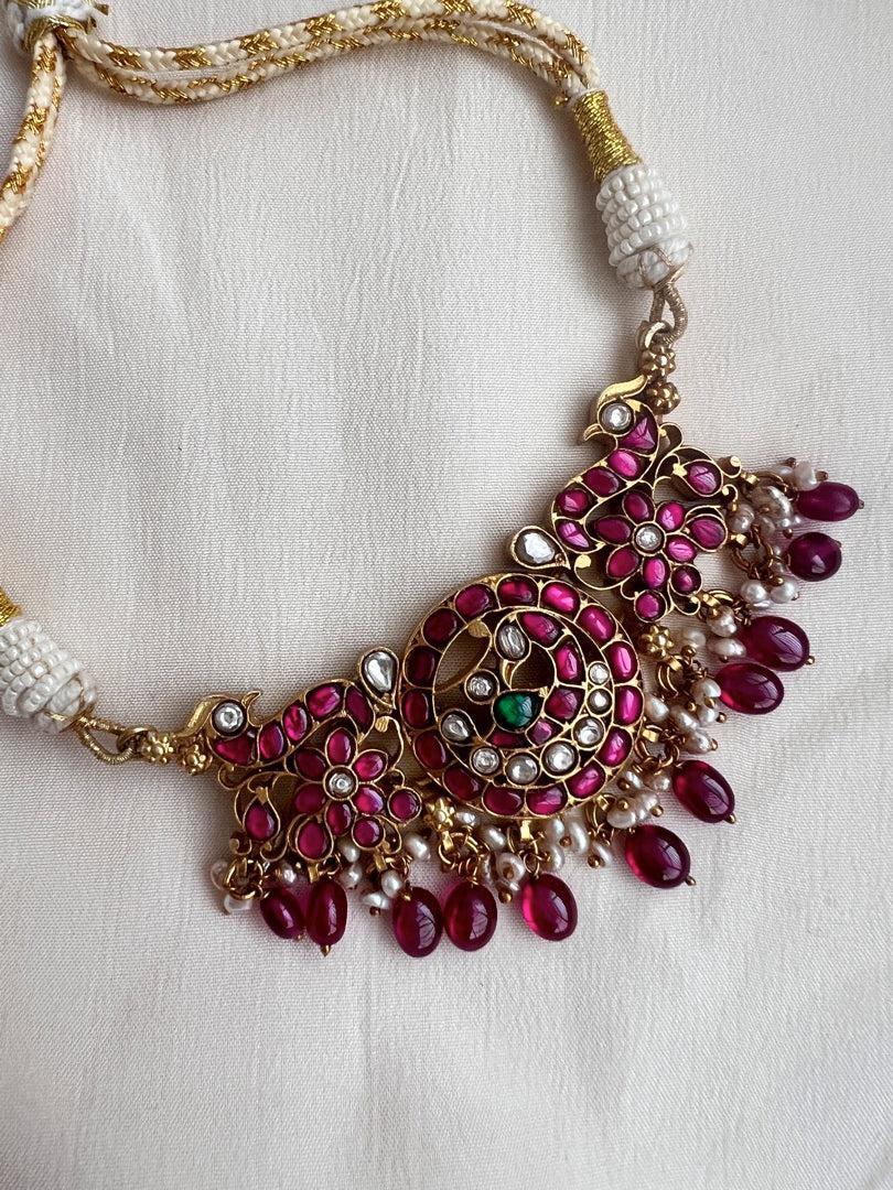 Kundan & ruby peacock choker with pearls and ruby beads-Silver Neckpiece-CI-House of Taamara