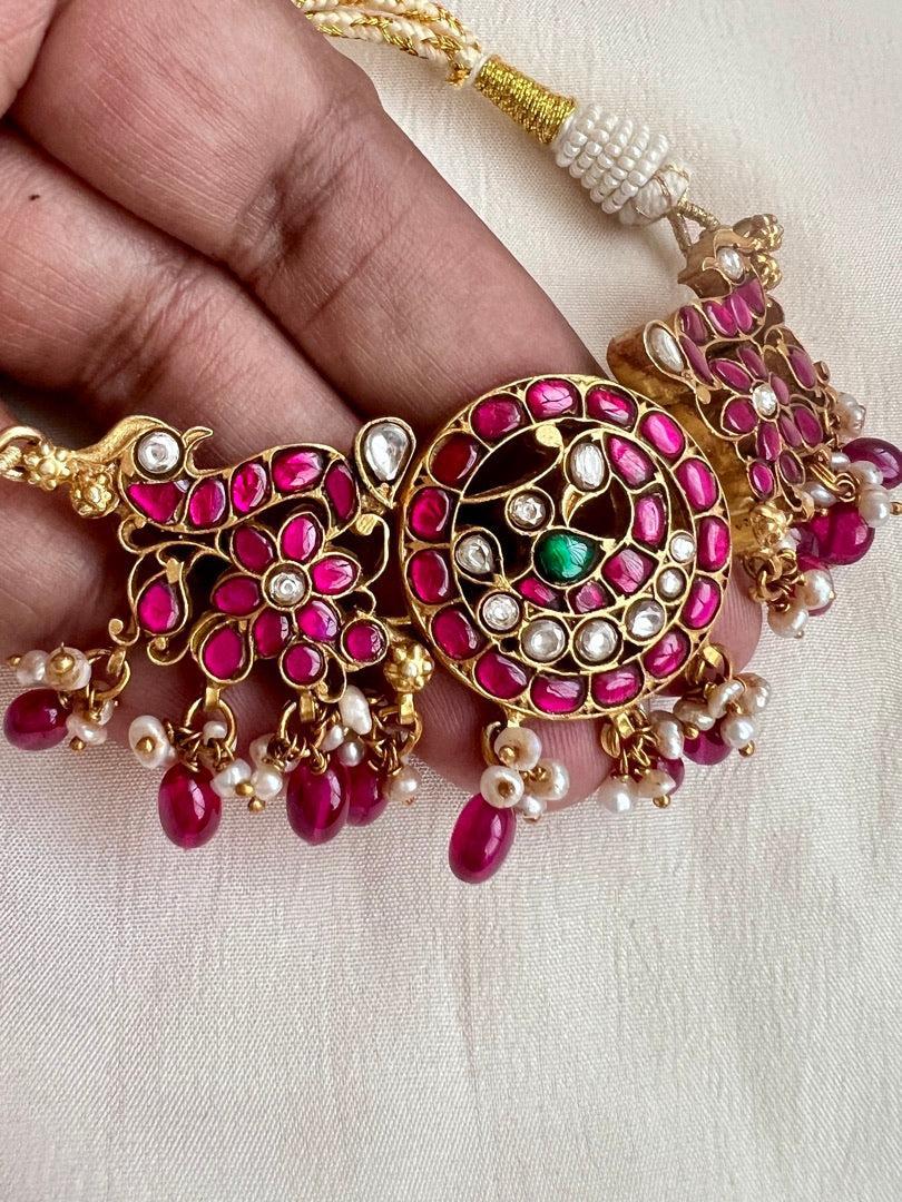 Kundan & ruby peacock choker with pearls and ruby beads-Silver Neckpiece-CI-House of Taamara