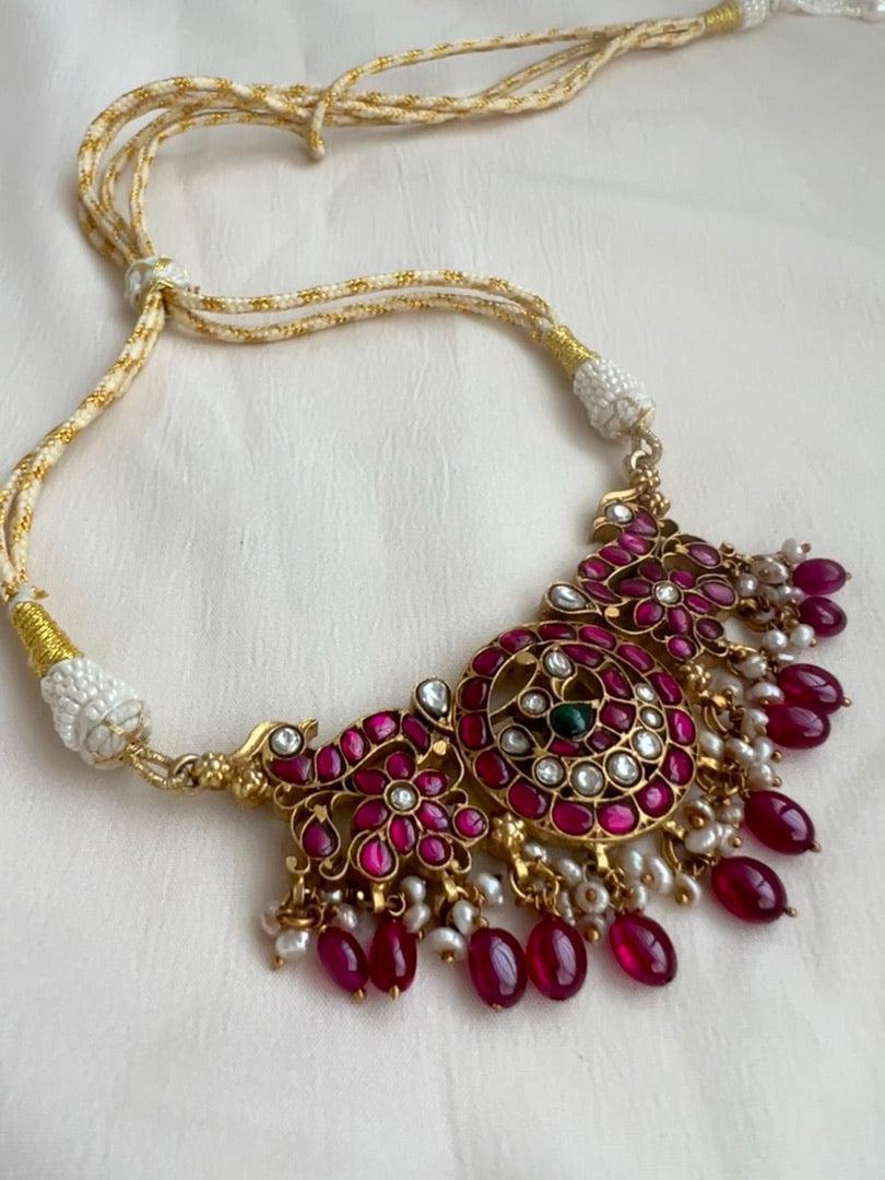 Kundan & ruby peacock choker with pearls and ruby beads-Silver Neckpiece-CI-House of Taamara