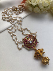 Kundan ruby peacock pendant with 2 line rice pearls chain-Silver Neckpiece-PL-House of Taamara