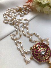 Kundan ruby peacock pendant with 2 line rice pearls chain-Silver Neckpiece-PL-House of Taamara