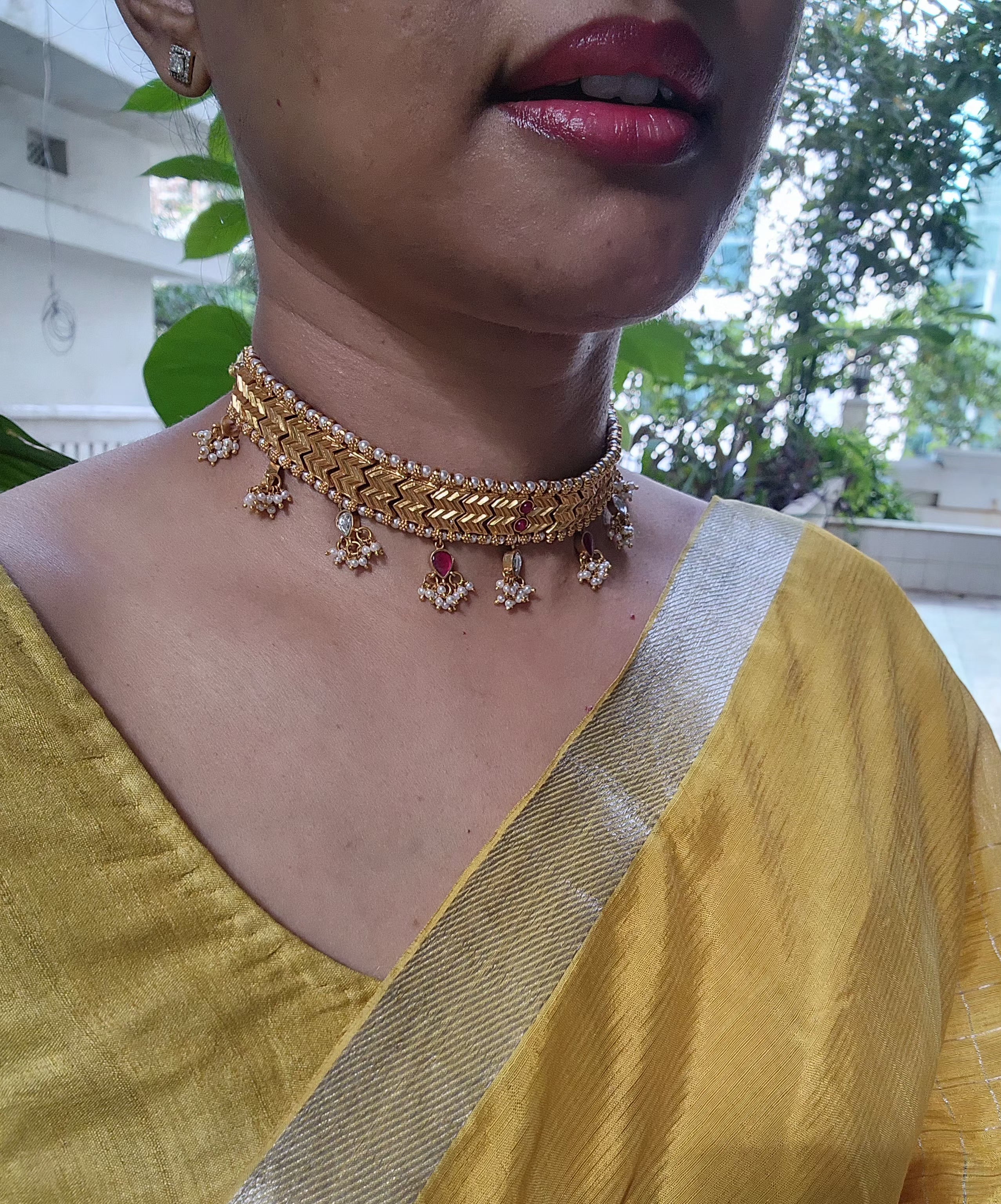 Kundan ruby & pearls drops with antique polish choker-Silver Neckpiece-PL-House of Taamara