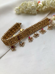 Kundan ruby & pearls drops with antique polish choker-Silver Neckpiece-PL-House of Taamara