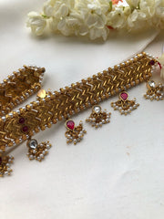 Kundan ruby & pearls drops with antique polish choker-Silver Neckpiece-PL-House of Taamara
