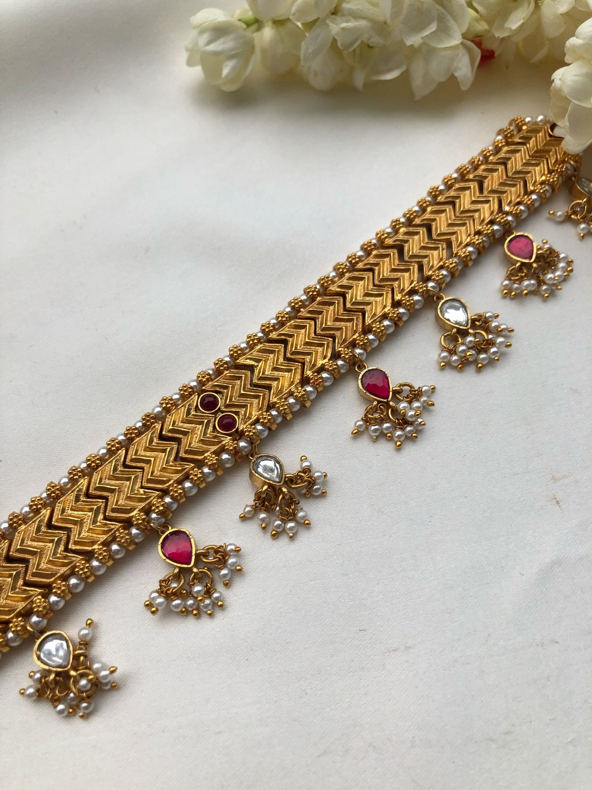 Kundan ruby & pearls drops with antique polish choker-Silver Neckpiece-PL-House of Taamara
