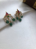 Kundan ruby & pearls with green beads-Earrings-PL-House of Taamara