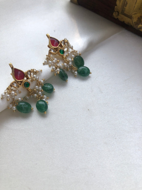 Kundan ruby & pearls with green beads-Earrings-PL-House of Taamara