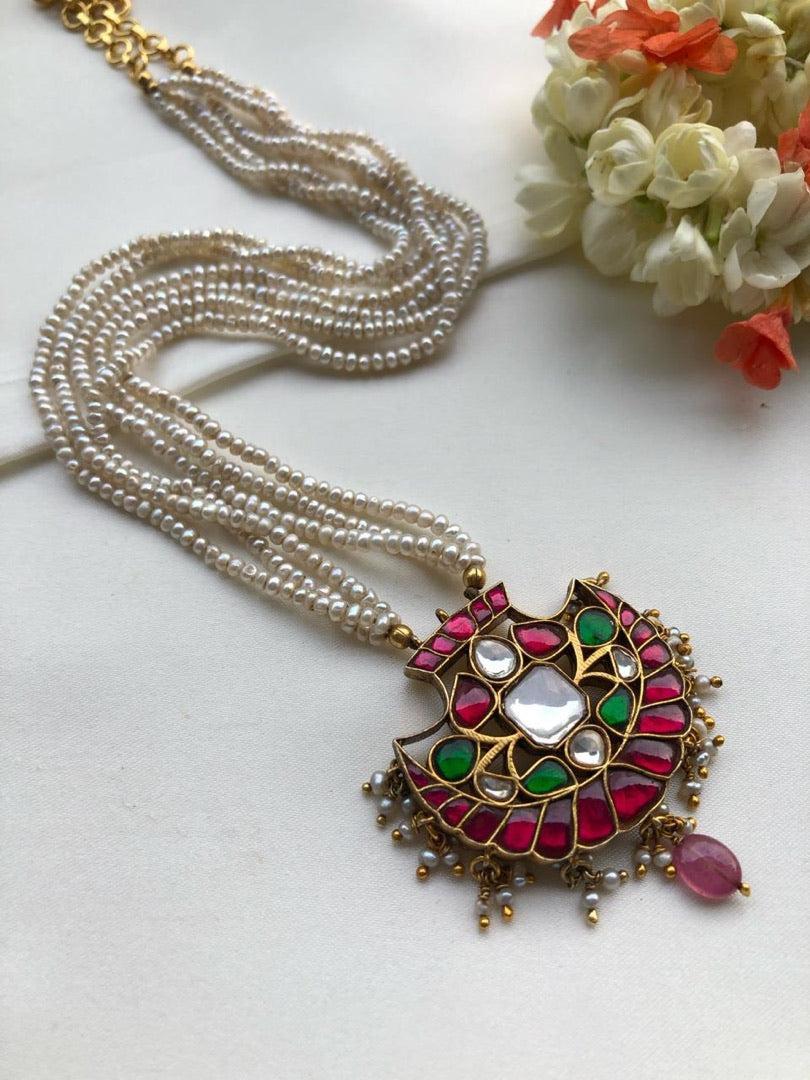 Kundan ruby pendant with pearls mala-Silver Neckpiece-PL-House of Taamara