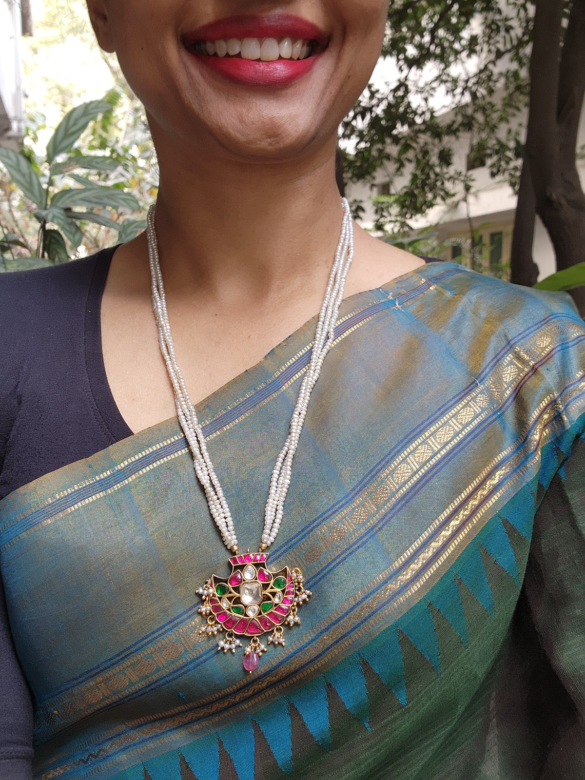 Kundan ruby pendant with pearls mala-Silver Neckpiece-PL-House of Taamara