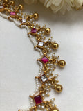 Kundan & ruby square necklace with pearls & gold gundu necklace-Silver Neckpiece-PL-House of Taamara