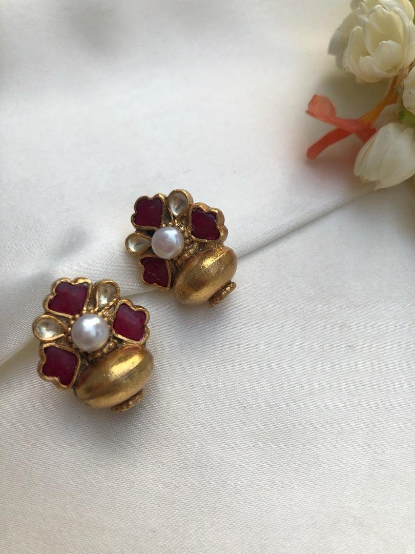 Kundan ruby studs with antique style beads-Earrings-PL-House of Taamara
