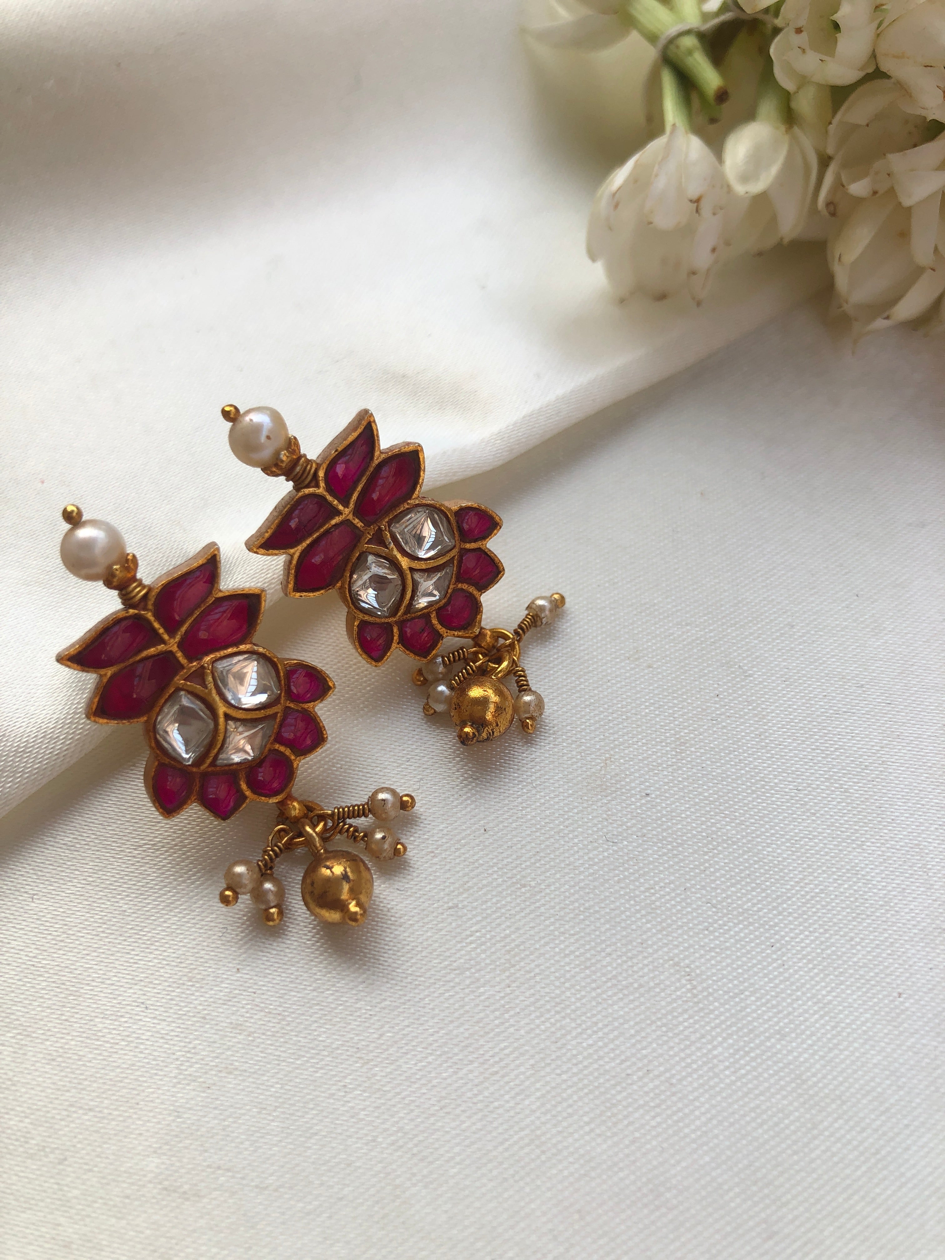 Kundan ruby studs with pearls-Earrings-PL-House of Taamara