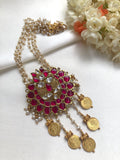 Kundan & ruby style pendant with kasu coins drops & pearls mala-Silver Neckpiece-PL-House of Taamara