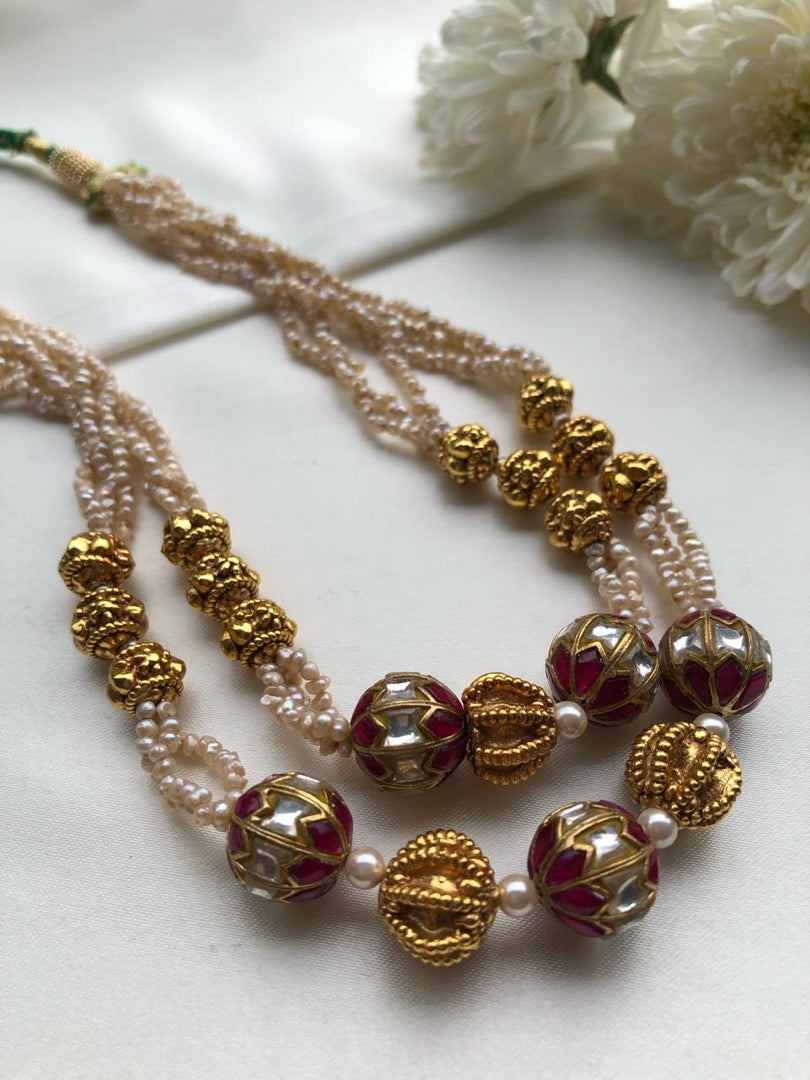 Kundan ruby & textured gold beads and pearls necklace-Silver Neckpiece-PL-House of Taamara
