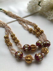 Kundan ruby & textured gold beads and pearls necklace-Silver Neckpiece-PL-House of Taamara