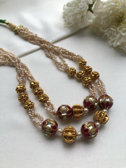 Kundan ruby & textured gold beads and pearls necklace-Silver Neckpiece-PL-House of Taamara
