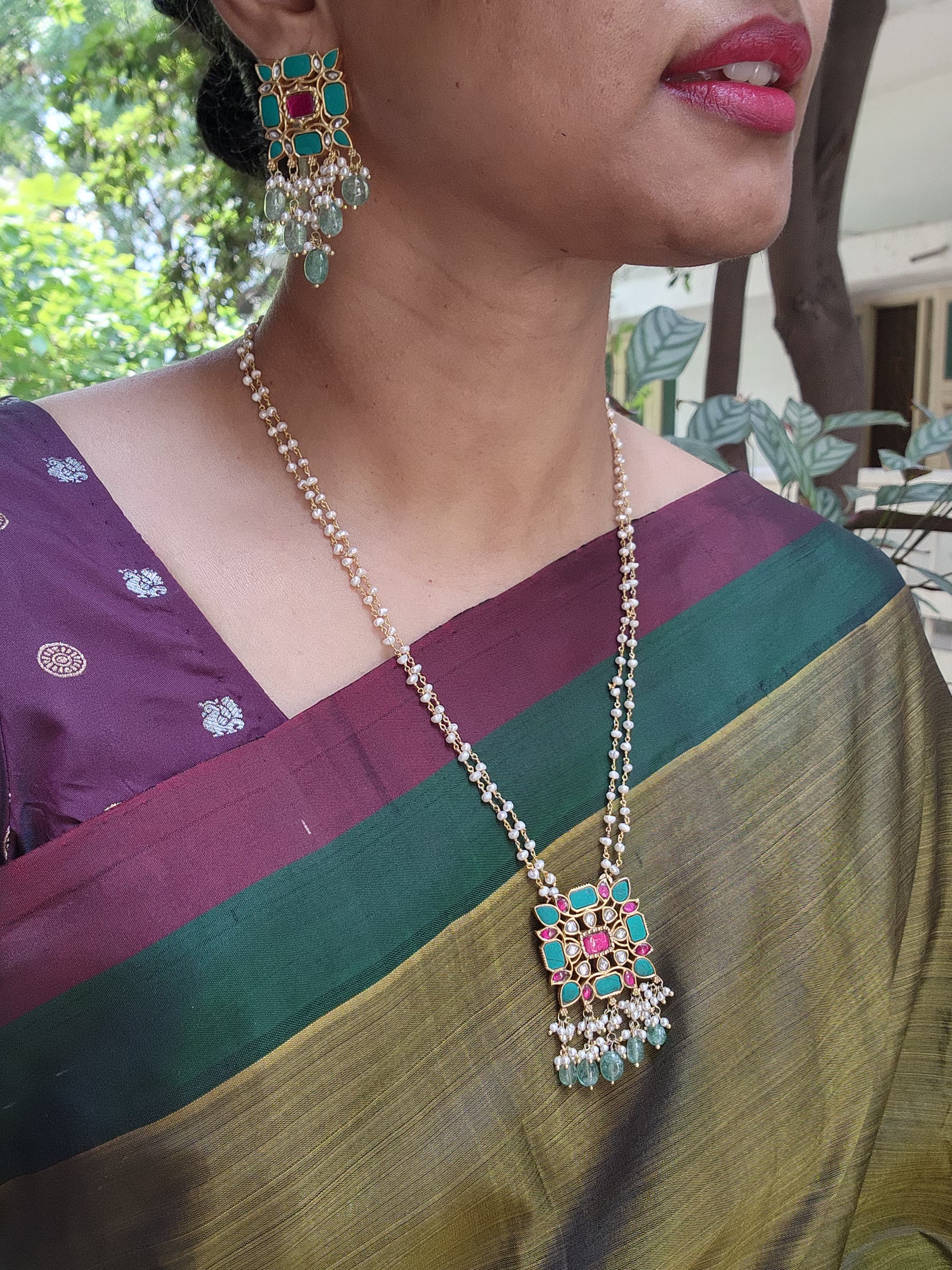 Kundan, ruby & turquoise pendant chain with pearls & jade beads, SET-Silver Neckpiece-CI-House of Taamara