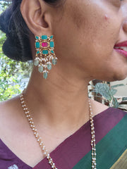 Kundan, ruby & turquoise pendant chain with pearls & jade beads, SET-Silver Neckpiece-CI-House of Taamara
