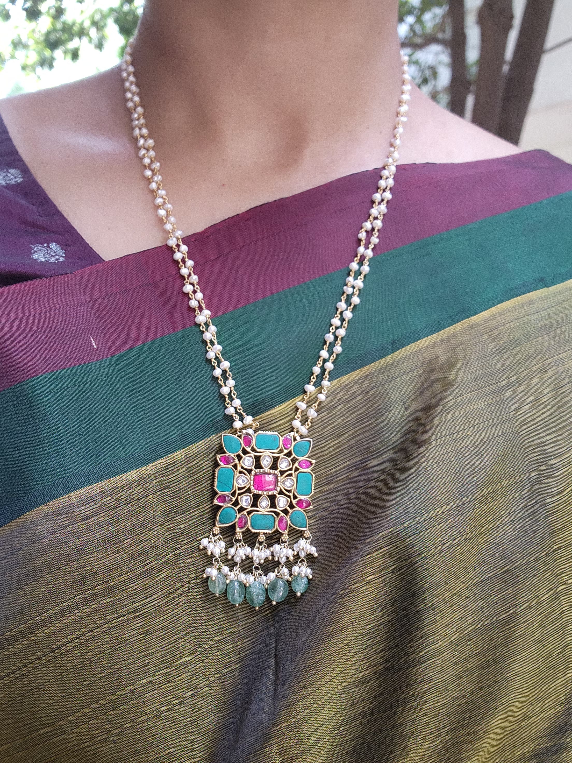 Kundan, ruby & turquoise pendant chain with pearls & jade beads, SET-Silver Neckpiece-CI-House of Taamara