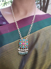 Kundan, ruby & turquoise pendant chain with pearls & jade beads, SET-Silver Neckpiece-CI-House of Taamara