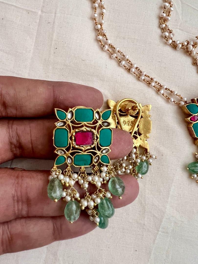 Kundan, ruby & turquoise pendant chain with pearls & jade beads, SET-Silver Neckpiece-CI-House of Taamara