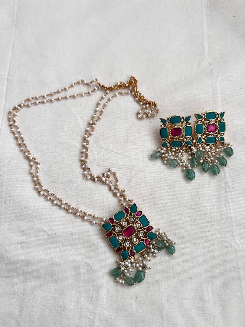 Kundan, ruby & turquoise pendant chain with pearls & jade beads, SET-Silver Neckpiece-CI-House of Taamara