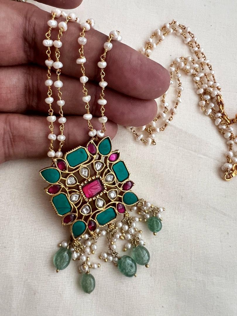 Kundan, ruby & turquoise pendant chain with pearls & jade beads, SET-Silver Neckpiece-CI-House of Taamara