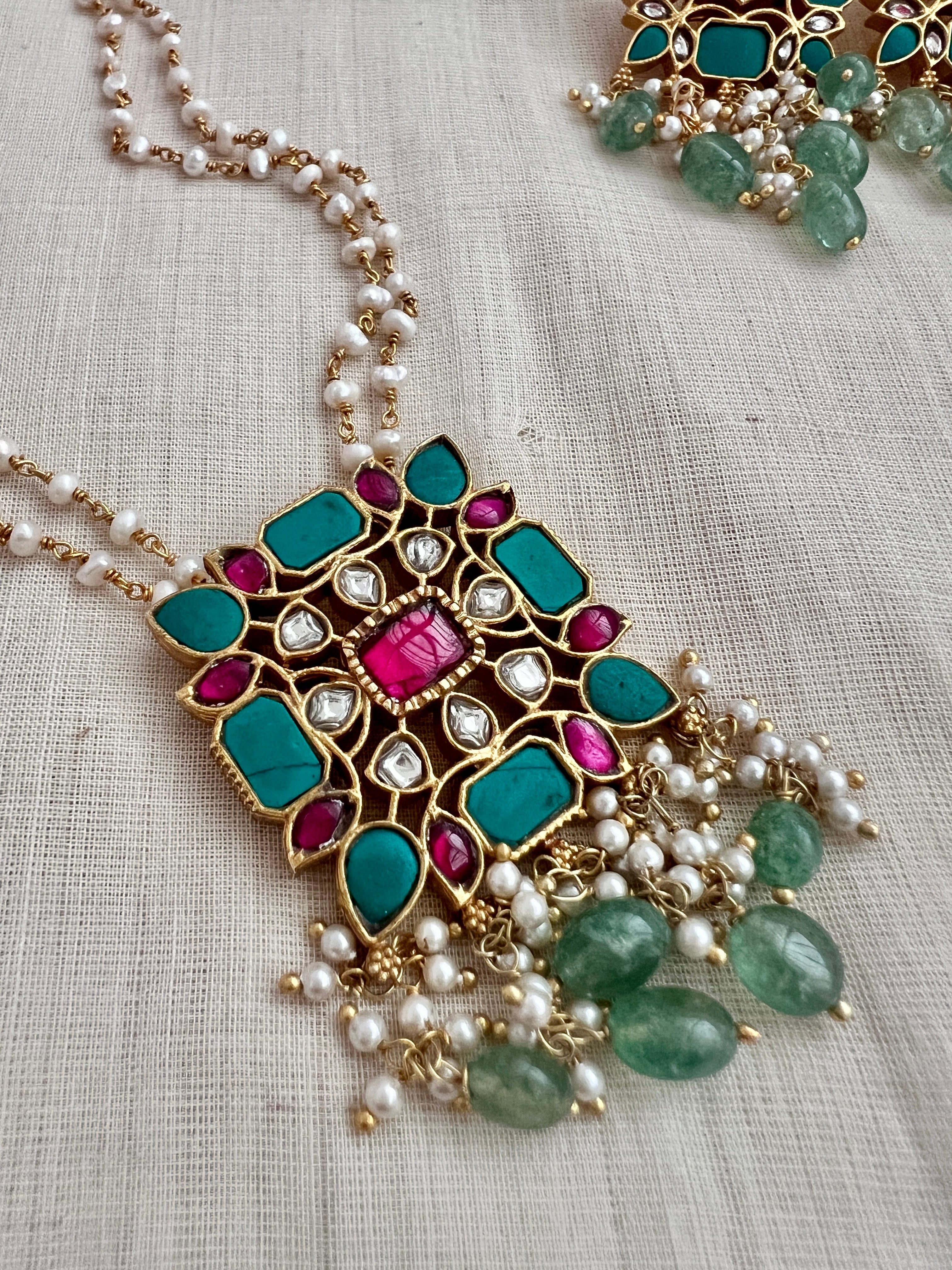 Kundan, ruby & turquoise pendant chain with pearls & jade beads, SET-Silver Neckpiece-CI-House of Taamara