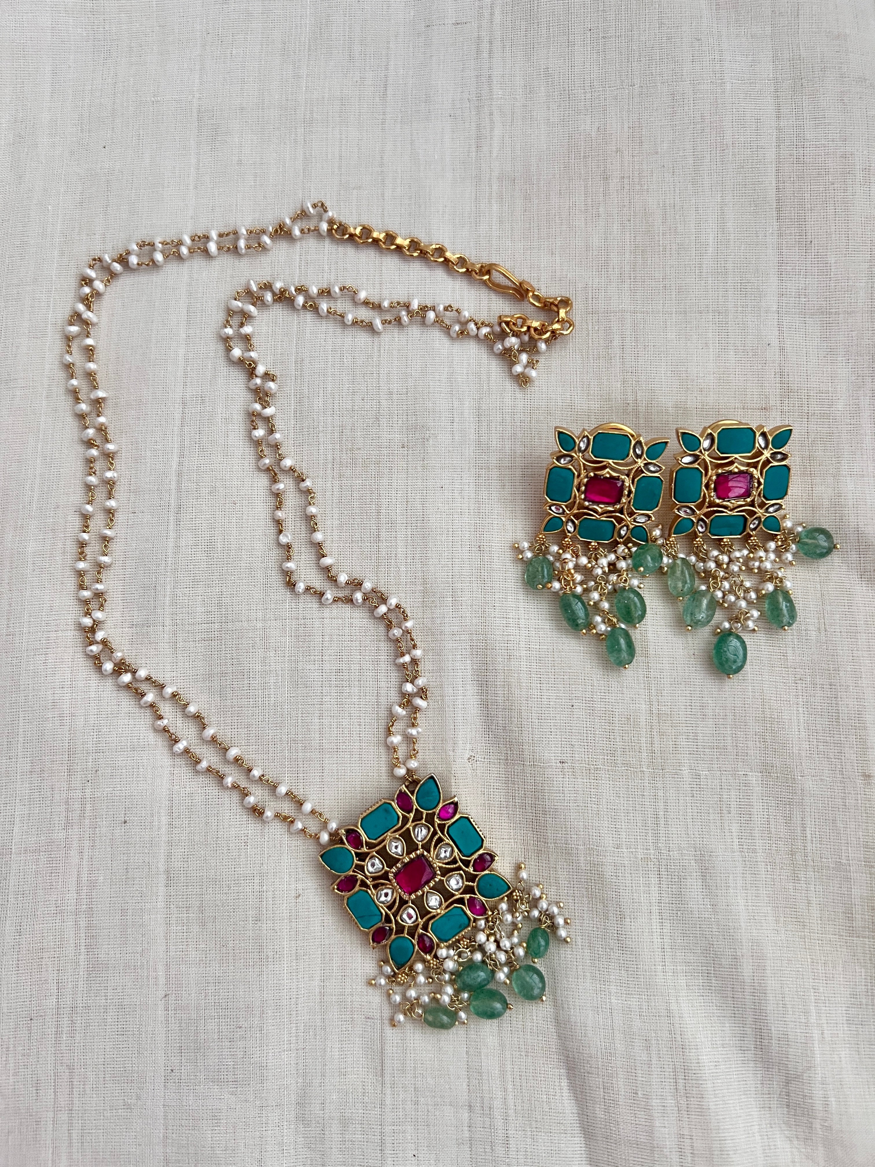 Kundan, ruby & turquoise pendant chain with pearls & jade beads, SET-Silver Neckpiece-CI-House of Taamara