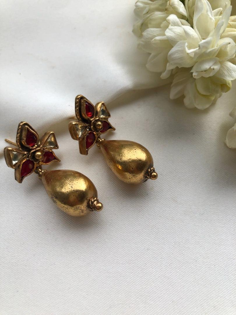 Kundan ruby with antique bead drops-Earrings-PL-House of Taamara