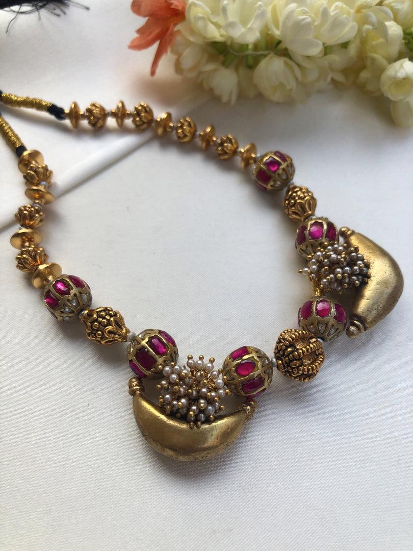 Kundan ruby with antique style beads & crescent shaped pendant mala-Silver Neckpiece-PL-House of Taamara