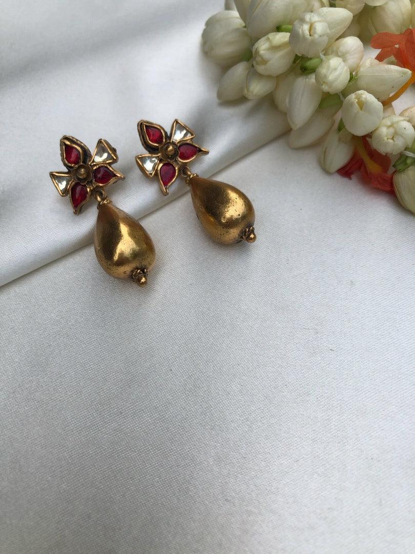 Kundan ruby with antique style drop bead-Earrings-PL-House of Taamara