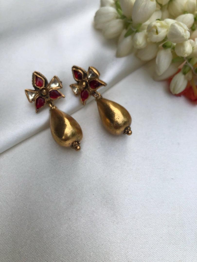 Kundan ruby with antique style drop bead-Earrings-PL-House of Taamara