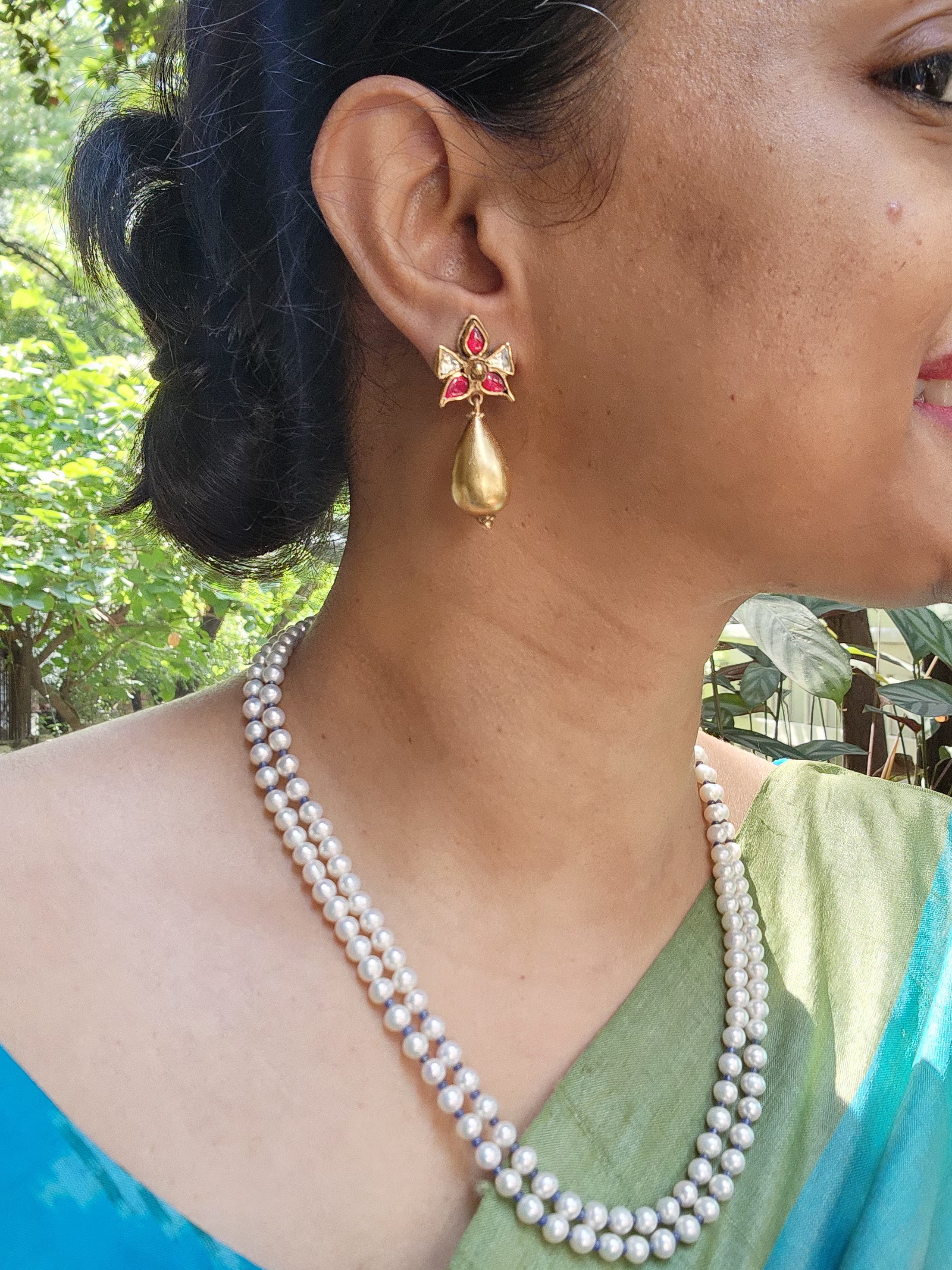 Kundan ruby with antique style drop bead-Earrings-PL-House of Taamara