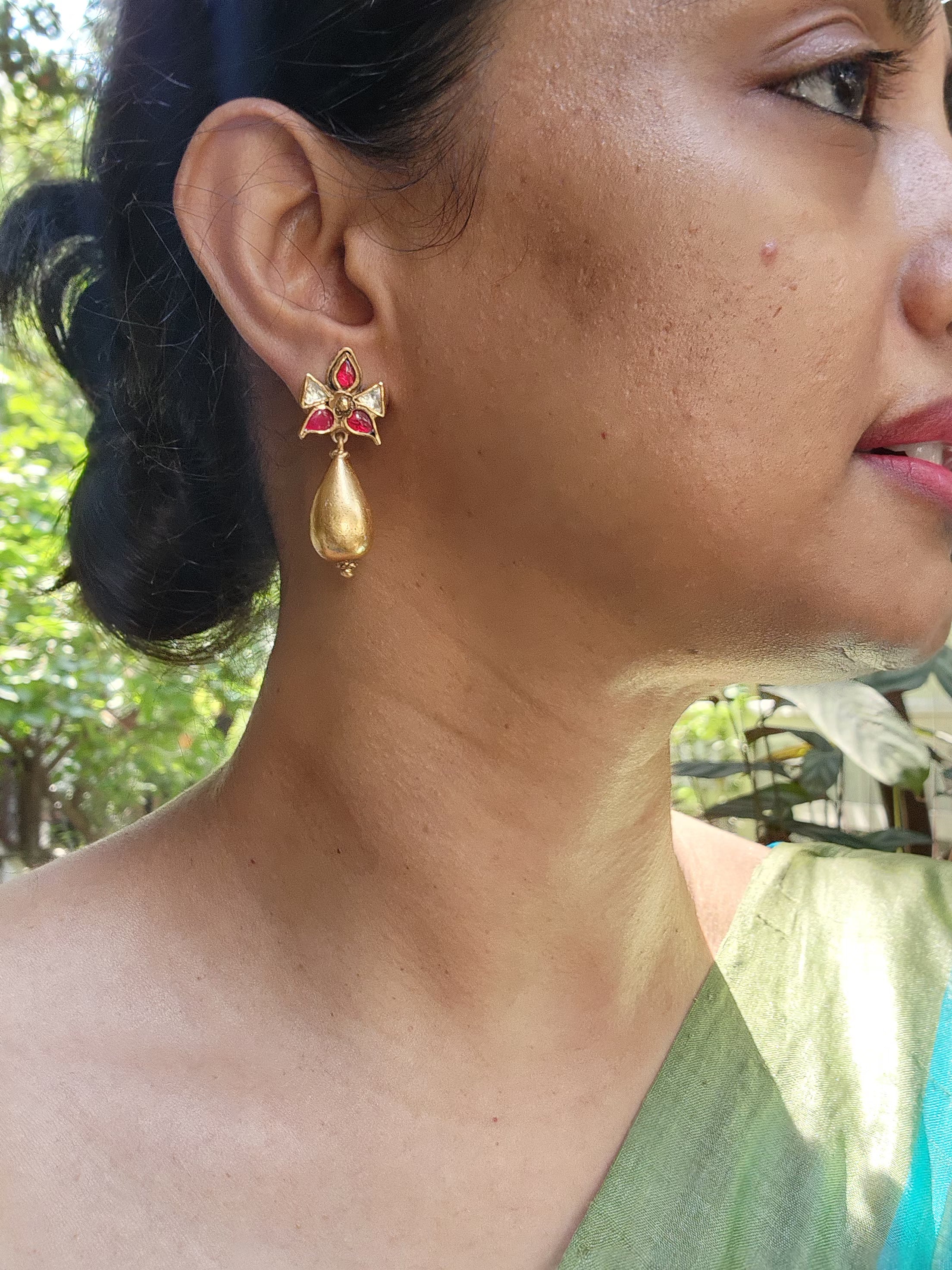 Kundan ruby with antique style drop bead-Earrings-PL-House of Taamara